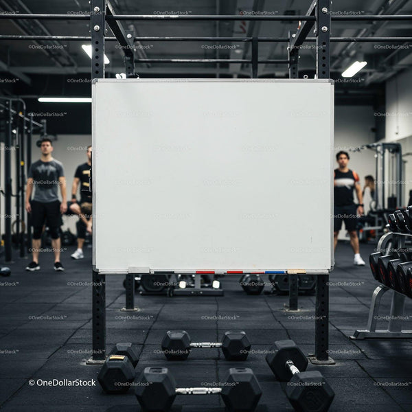 Empty whiteboard in gym with dumbbells and athletes JPG Mockup Image