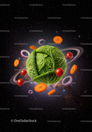 Cabbage Planet Surrounded by Floating Vegetables in Space