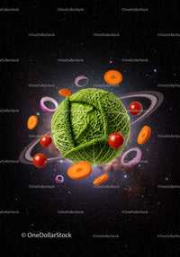 Cabbage Planet Surrounded by Floating Vegetables in Space