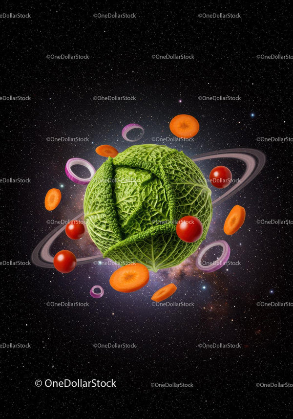 Cabbage Planet Surrounded by Floating Vegetables in Space