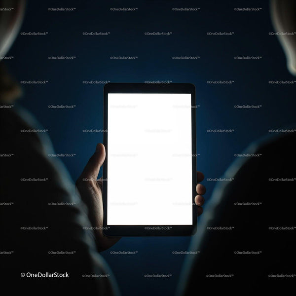Person holding a tablet with glowing blank screen at night JPG Mockup Image