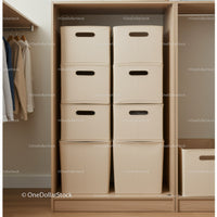Neat Closet with Beige Fabric Storage Bins and Wooden Shelves