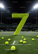 Number seven formed with tennis balls on court at night