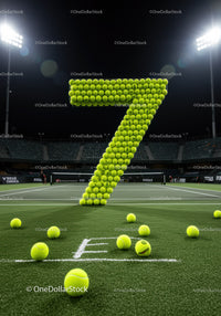 Number seven formed with tennis balls on court at night