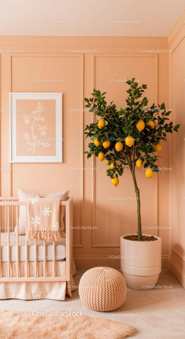 Peach Wall Nursery with Lemon Tree and Cozy Decor