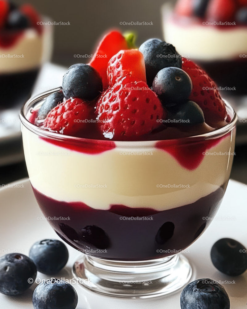 Sweet Berry Parfait with Strawberries and Blueberries in Glass Bowl
