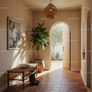 Cozy sunlit entryway with greenery and natural elements