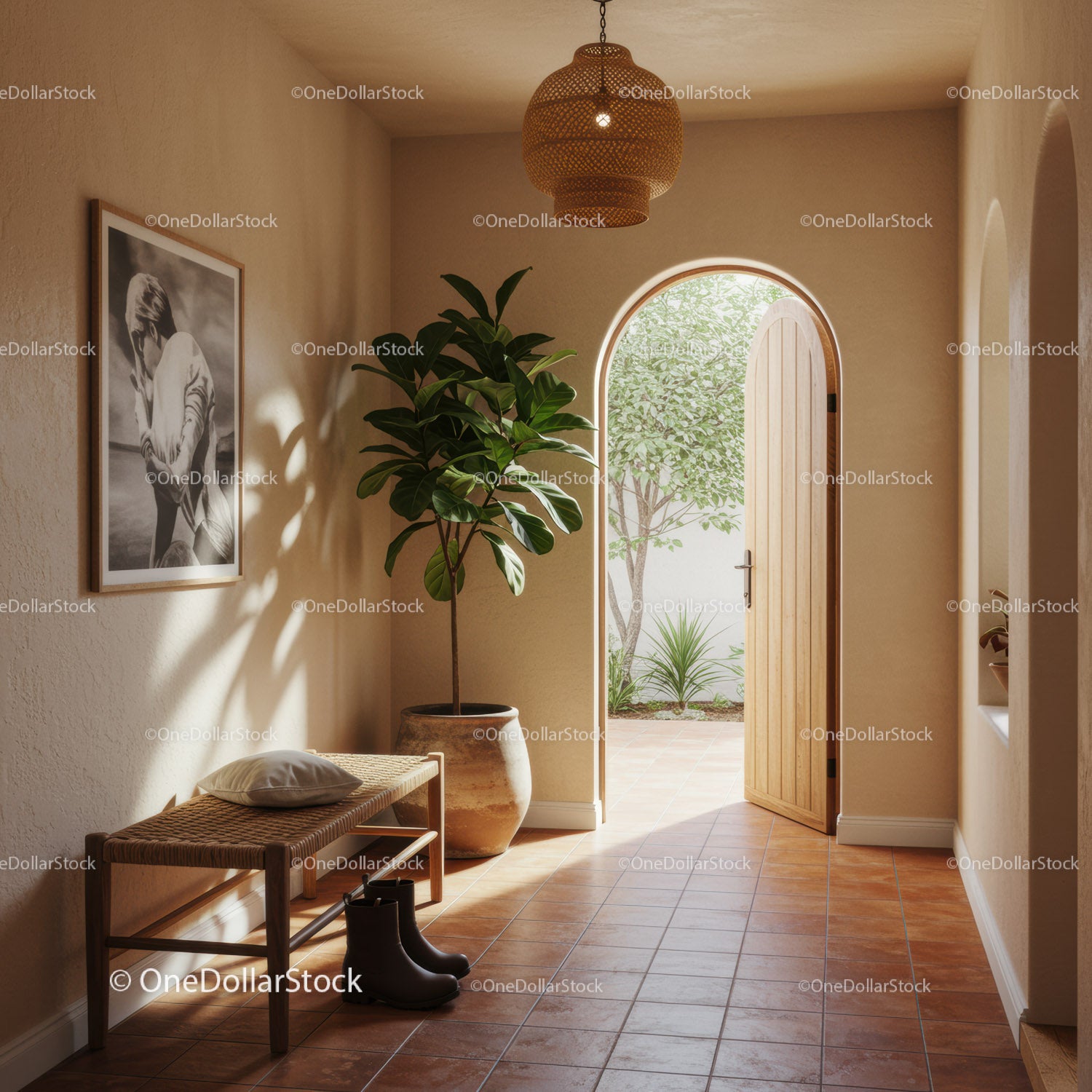 Cozy sunlit entryway with greenery and natural elements