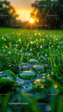 Sunrise Over Dewy Green Clover and Lush Vegetation