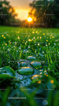Sunrise Over Dewy Green Clover and Lush Vegetation