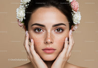 Young Woman with Freckles and Floral Headband in Elegant Portrait