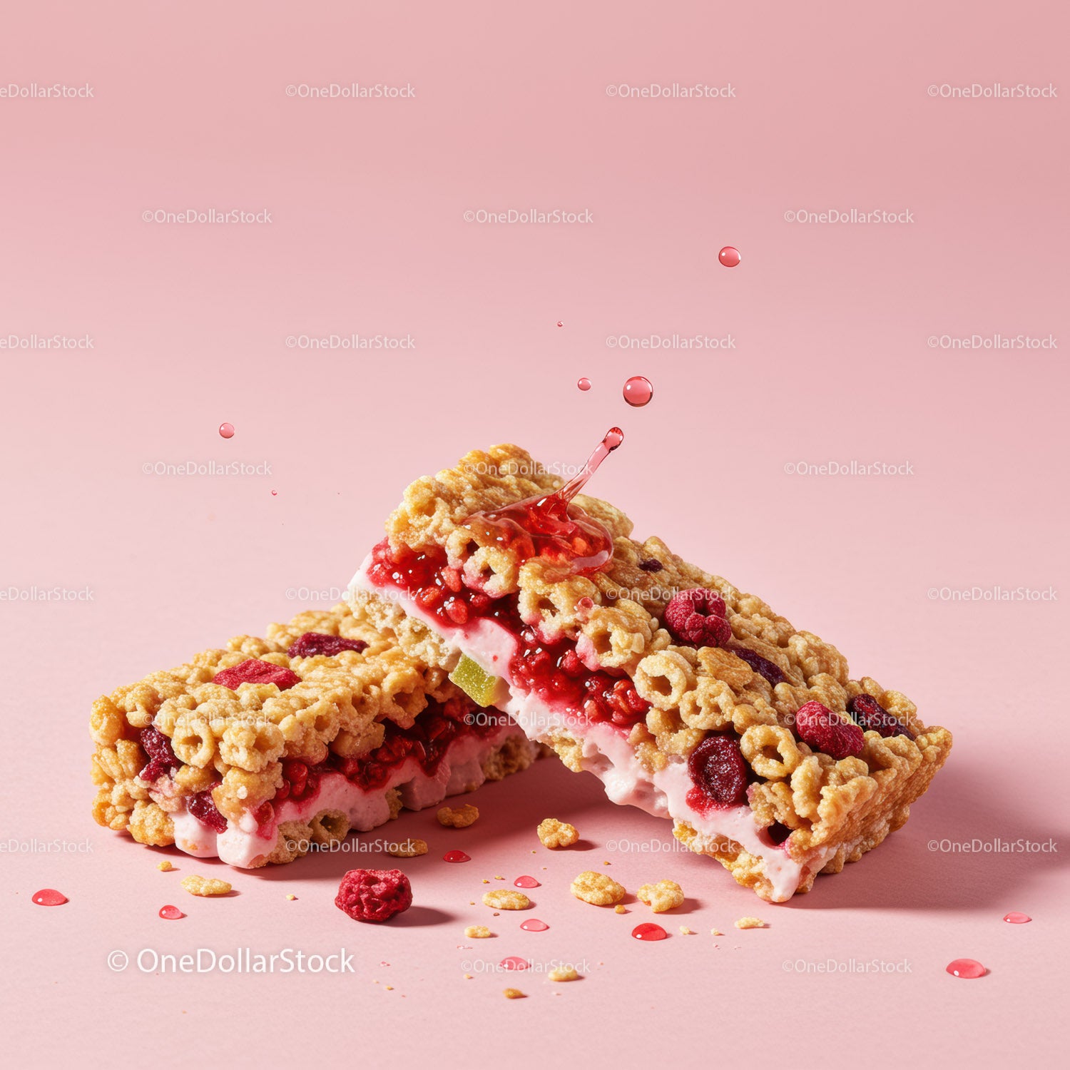 Crispy fruit and yogurt cereal bars on pink background