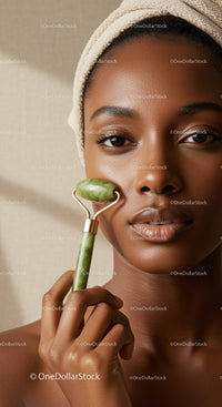 Portrait of a Woman Using Jade Roller for Facial Skincare