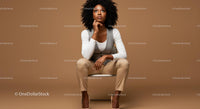 Stylish African American Woman Sitting Thoughtfully in Studio