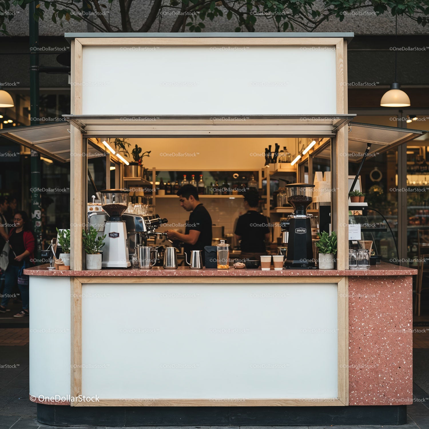 Minimalist Coffee Kiosk with Barista Preparing Drinks