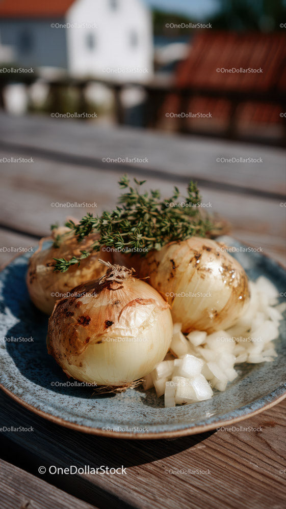 Fresh Onions with Herbs on Rustic Plate in Outdoor Setting