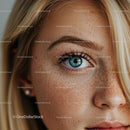 Close up of freckled woman with striking blue eye