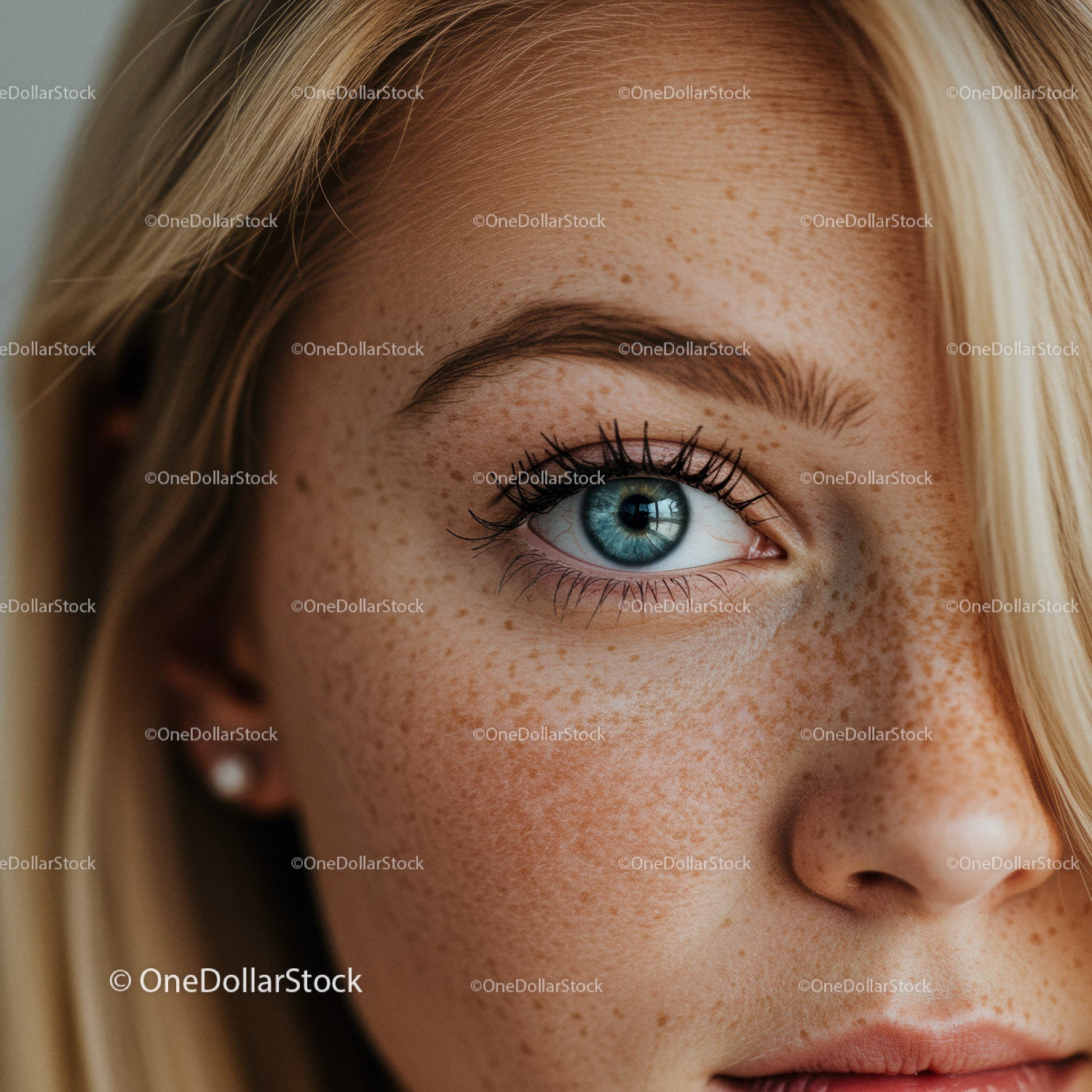Close up of freckled woman with striking blue eye