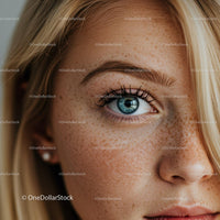 Close up of freckled woman with striking blue eye