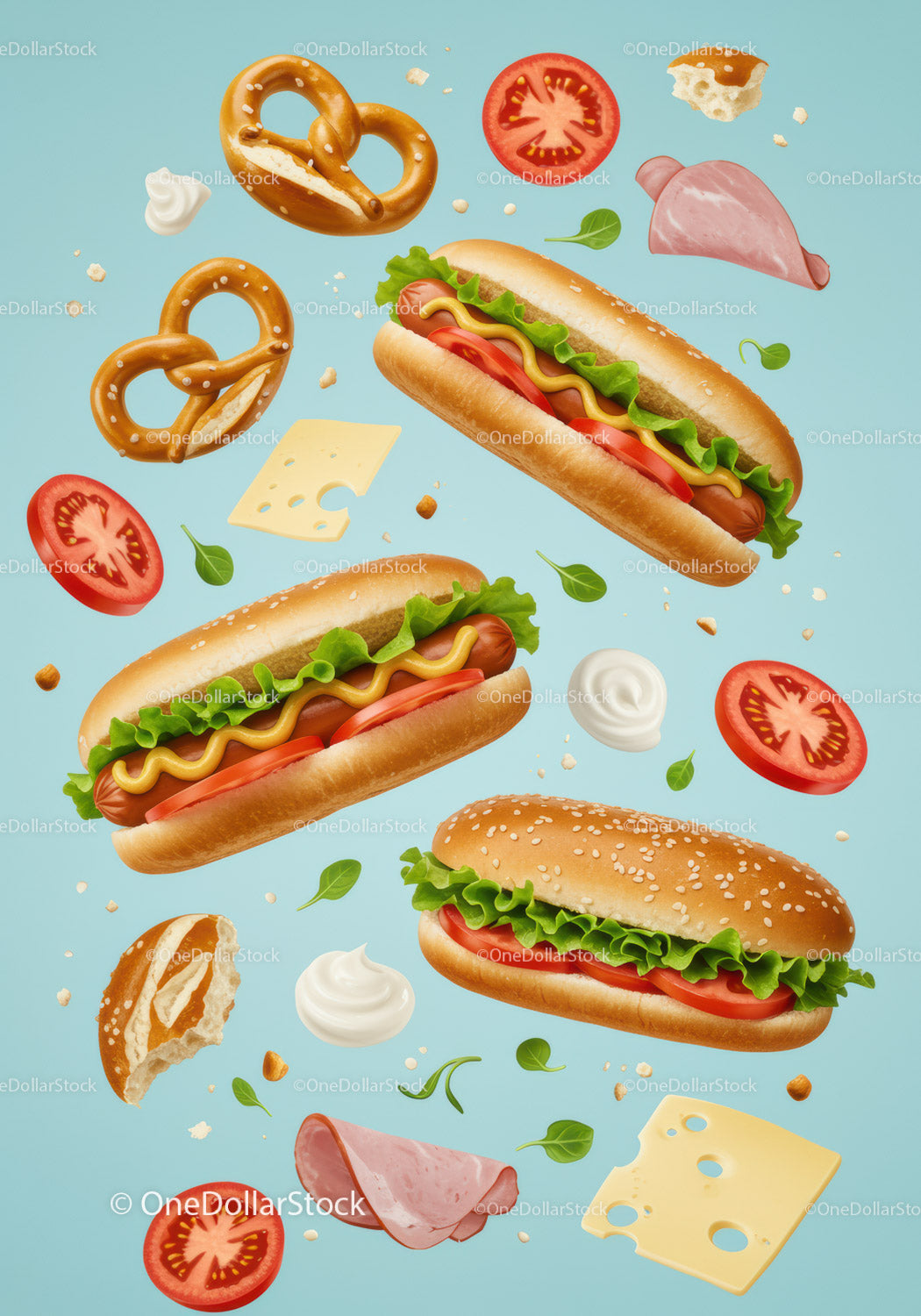 Fresh hot dogs and pretzels with vibrant toppings on blue