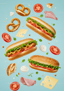 Fresh hot dogs and pretzels with vibrant toppings on blue