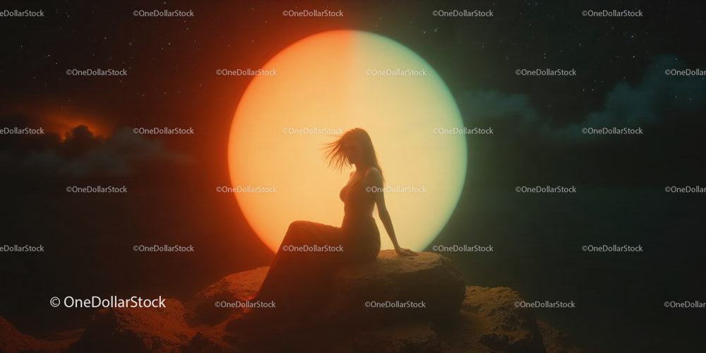 Silhouette of a Woman Sitting on a Rock with a Large Moon in the Night Sky