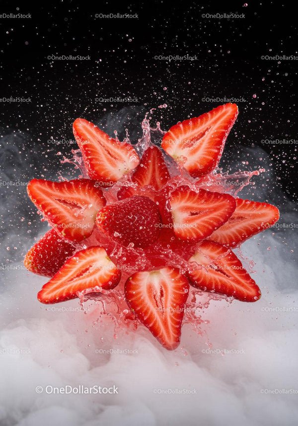 Fresh sliced strawberries splashing in water with mist