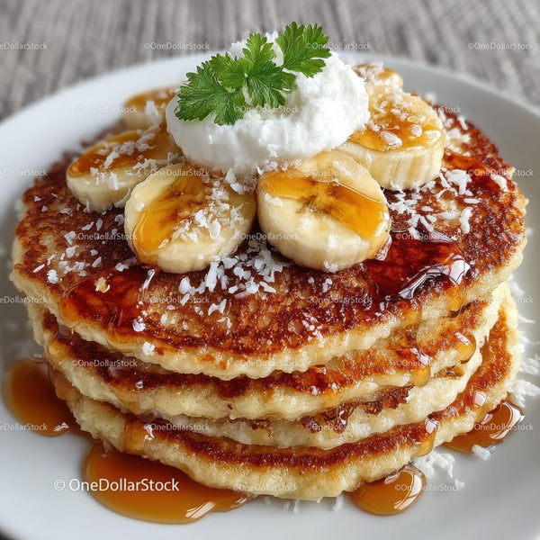 Stack of Pancakes with Bananas and Syrup on White Plate