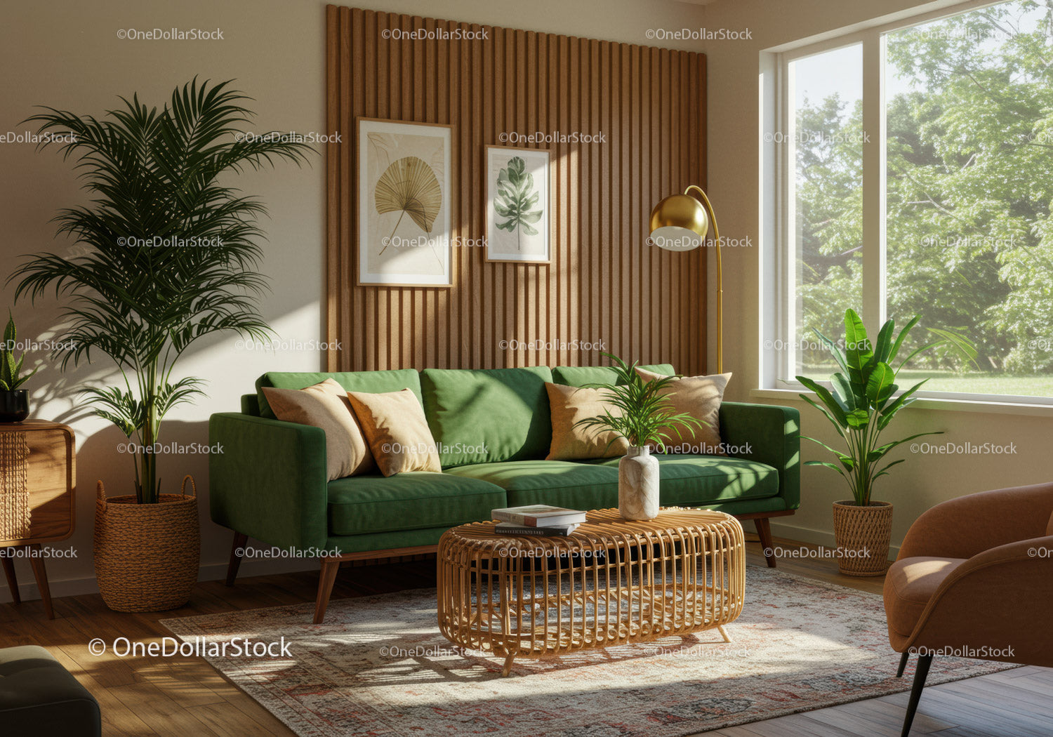 Bright living room with green sofa and natural accents