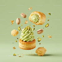 Pistachio cream pastry with nuts and puff pastries