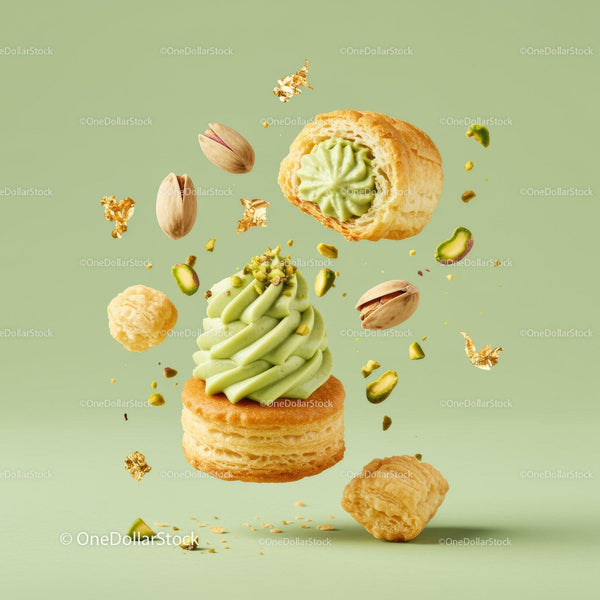 Pistachio cream pastry with nuts and puff pastries