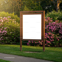 Blank Wooden Signboard Amid Colorful Flower Garden