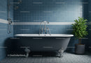 Classic clawfoot bathtub in blue tiled bathroom
