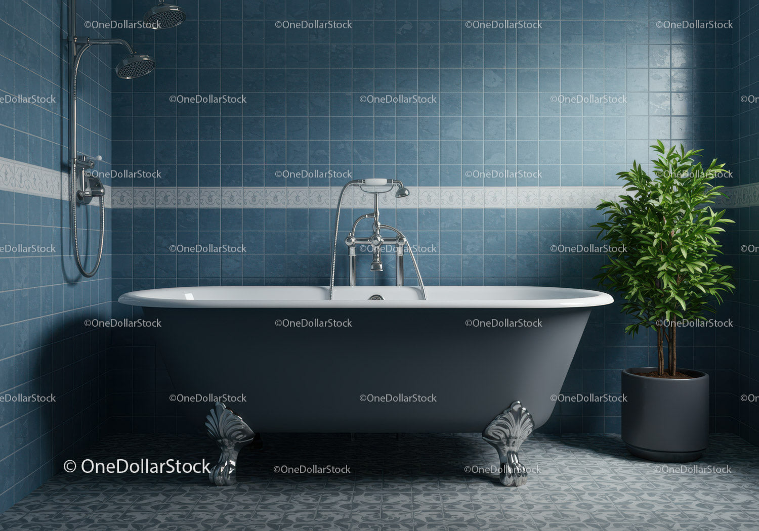 Classic clawfoot bathtub in blue tiled bathroom