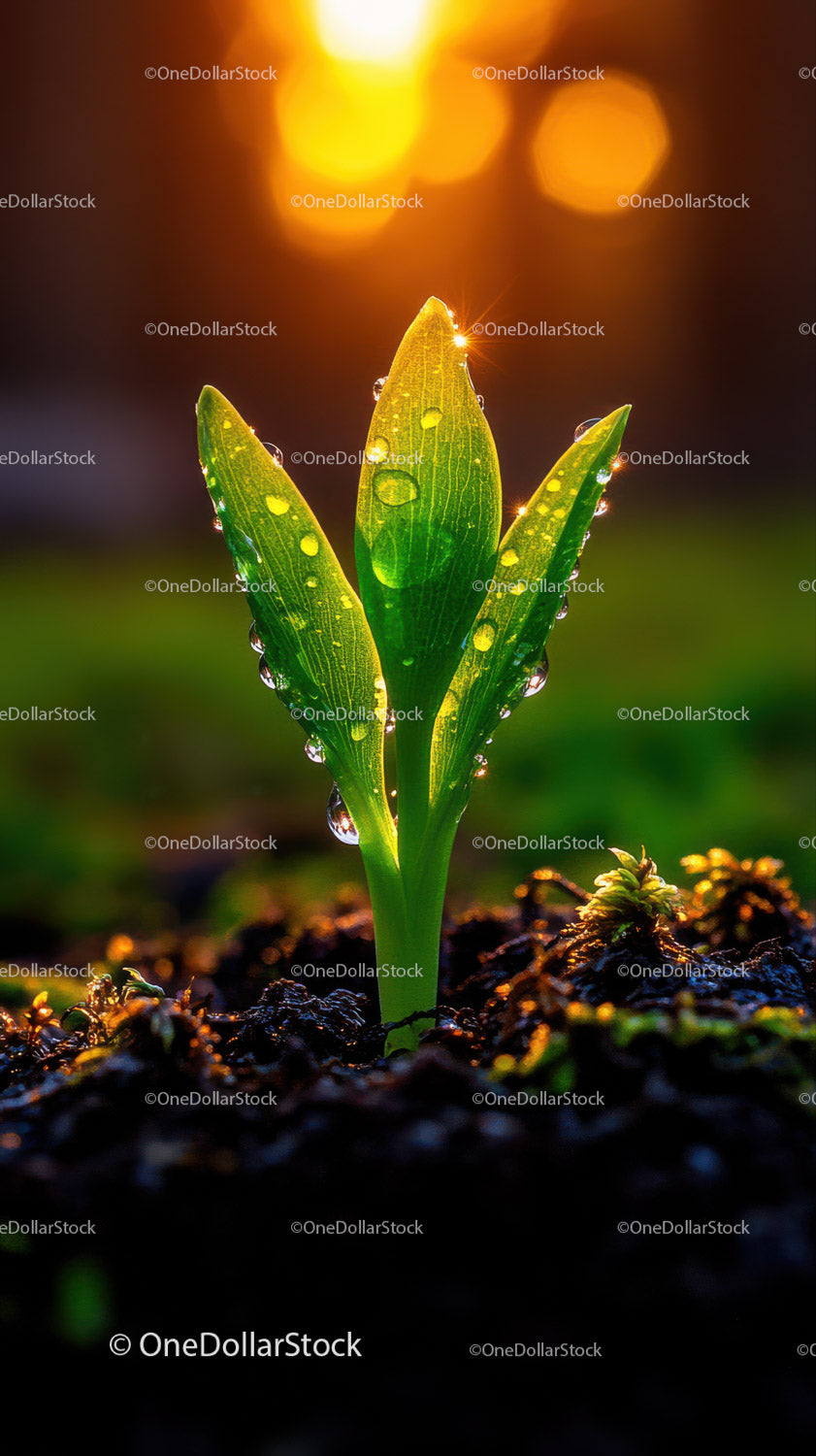 Fresh Green Seedling with Dew Drops in Natural Soil Landscape