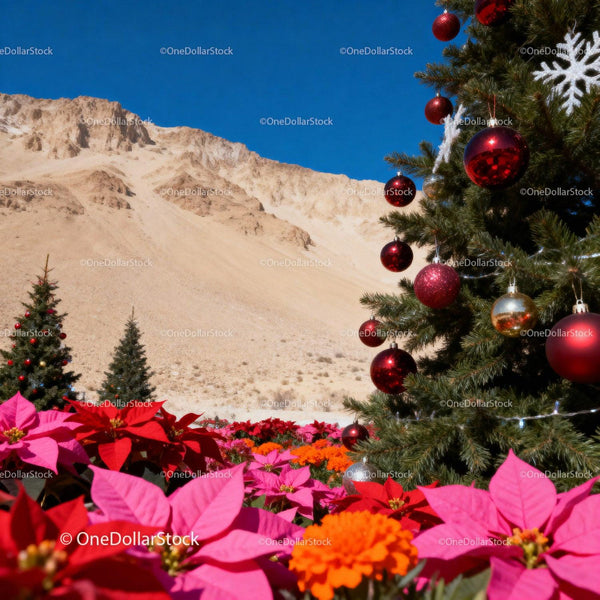 Christmas Trees and Bright Poinsettias in Desert Landscape