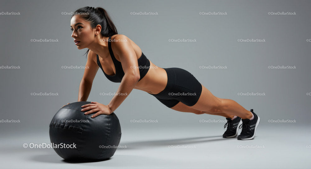Athletic Woman Doing Push-Ups with Medicine Ball in Studio