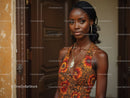 Elegant Woman with Curly Hair in Orange Dress and Jewelry
