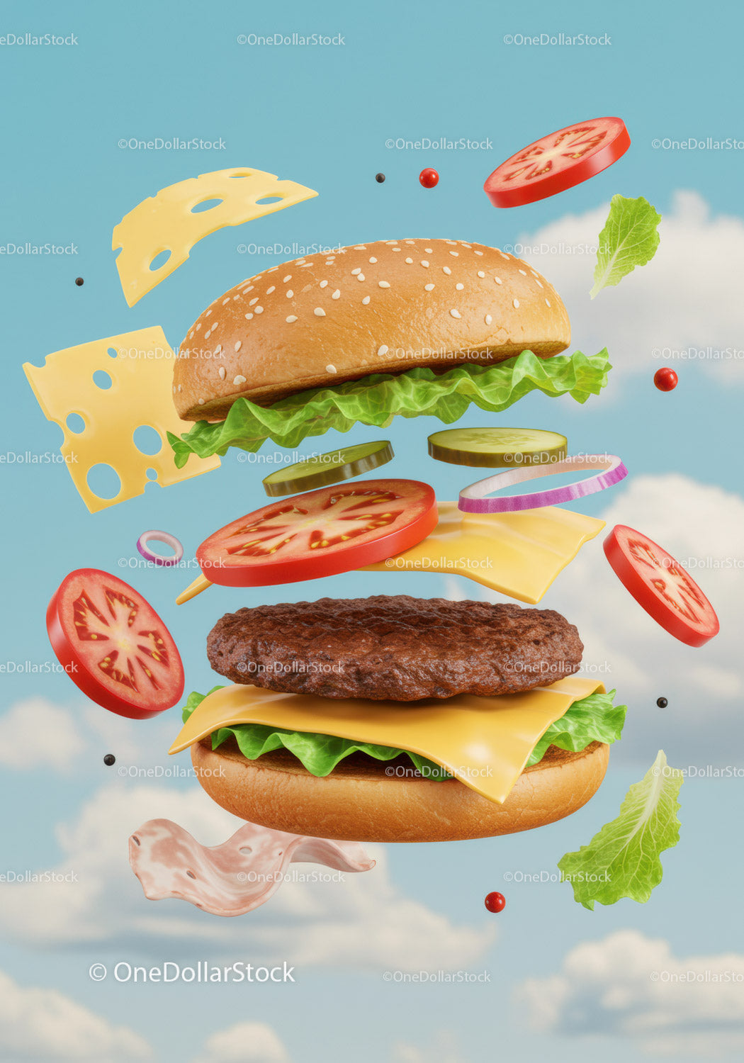 Deconstructed cheeseburger ingredients floating in sky