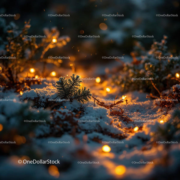 Frosty pine branch glowing with warm fairy lights
