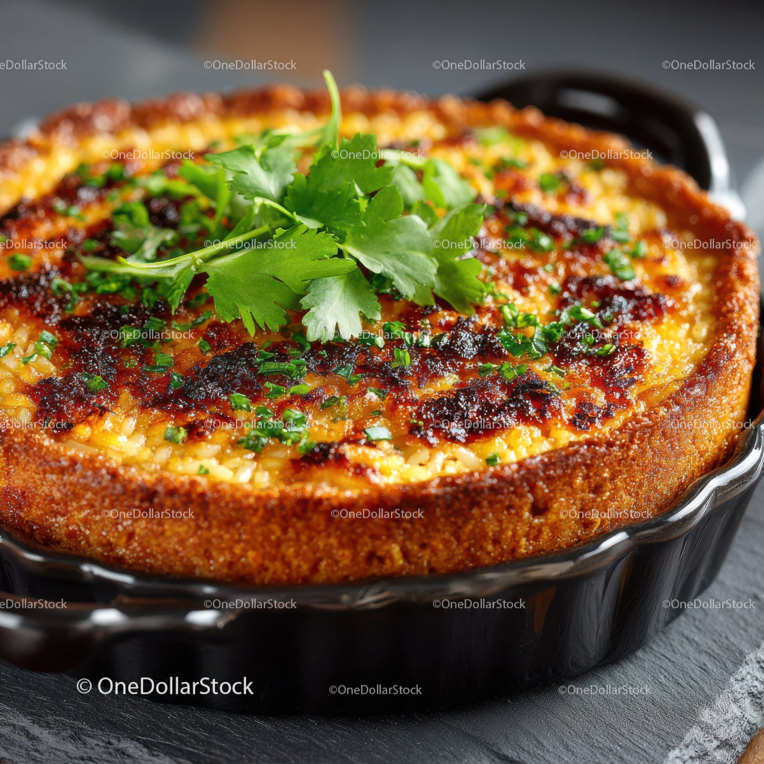 Seafood Shrimp Quiche with Fresh Herbs on Rustic Wooden Table