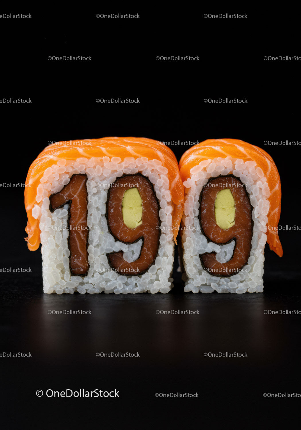 Sushi Rolls Forming Number 199 with Salmon Topping