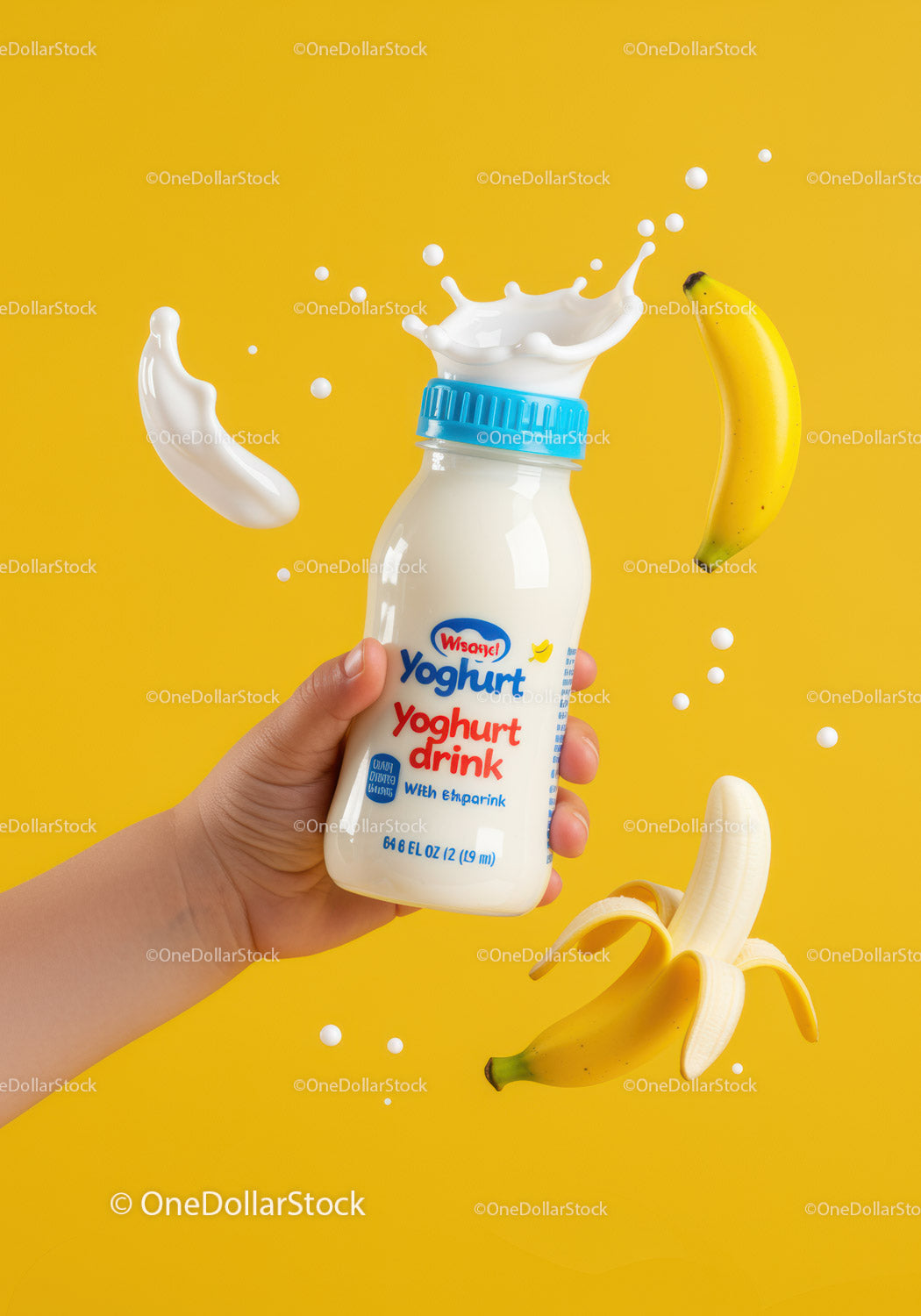 Hand Holding Banana Flavored Yoghurt Drink with Milk Splash