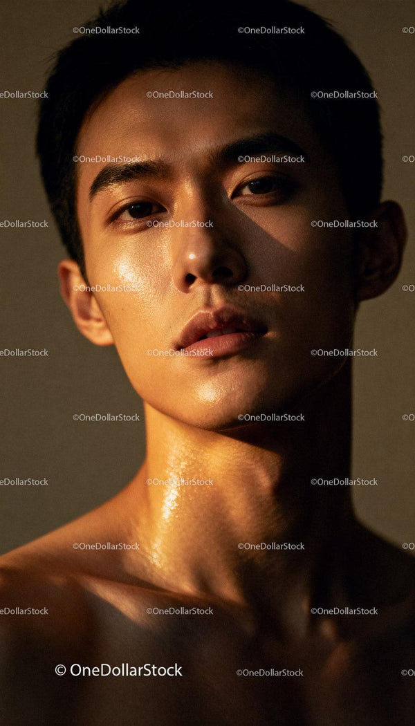 Close-up of young man with glowing skin in warm light