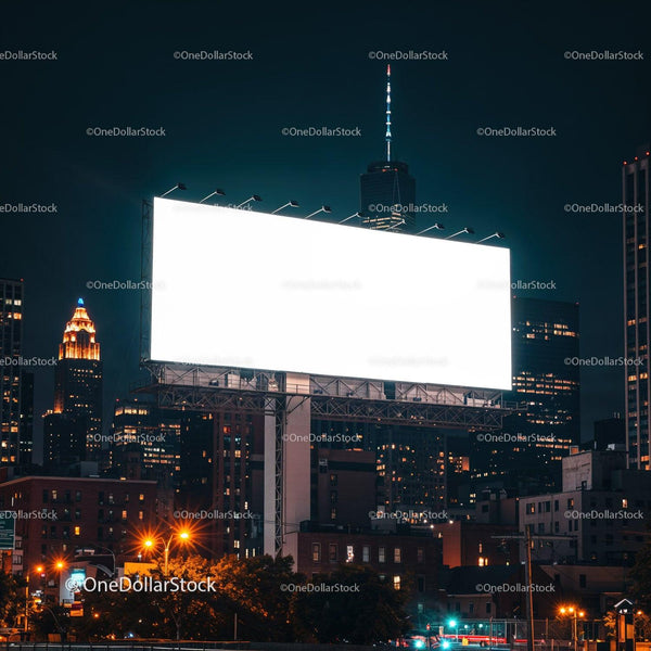 Large Illuminated Billboard Towering Over Cityscape at Night JPG Mockup Image