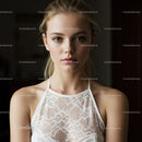 Portrait of a Young Woman in Elegant White Lace Top with Confident Expression
