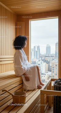 Woman Sitting in Sauna with City Skyline View in Modern Wellness Space