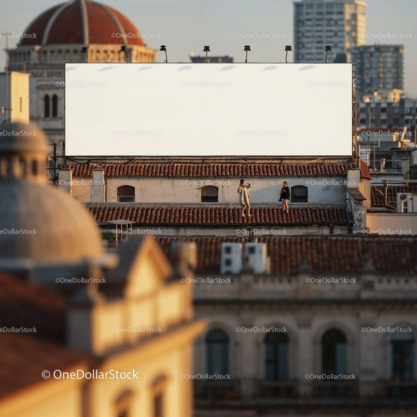 Couple Standing on Rooftop Near Large Blank Billboard JPG Mockup Image