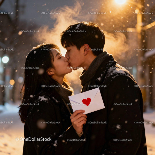Couple sharing a tender kiss on snowy winter evening