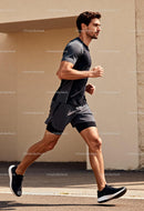 Focused man running outdoors on sunny day